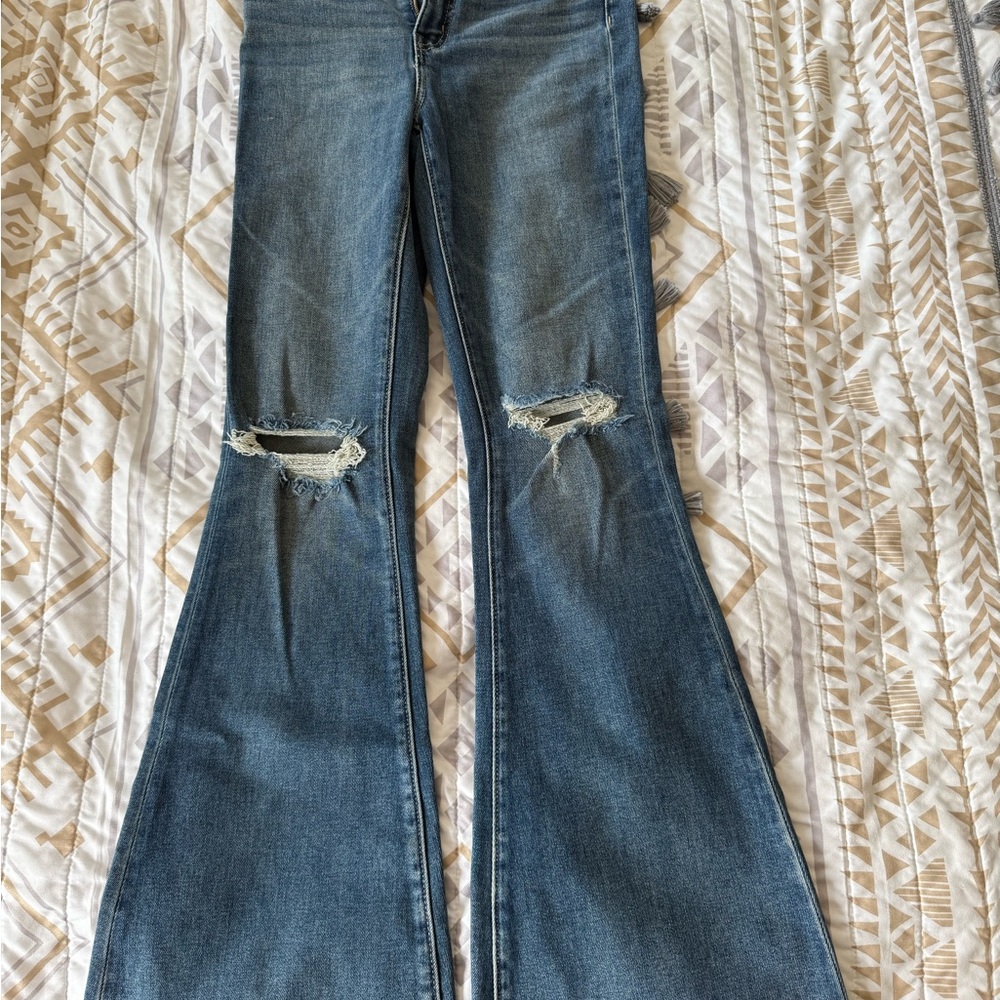 BKE Blue Flare Wide Leg Jeans with Vintage Distressing